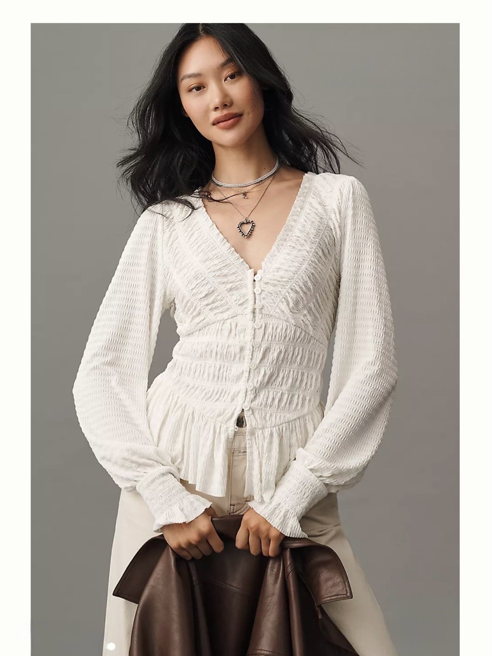 ANTHROPOLOGIE White Smocked Peplum Top SIZE XL